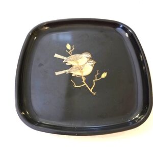 Vintage Couroc Black Lacquer Tray with Inlaid Song Birds.